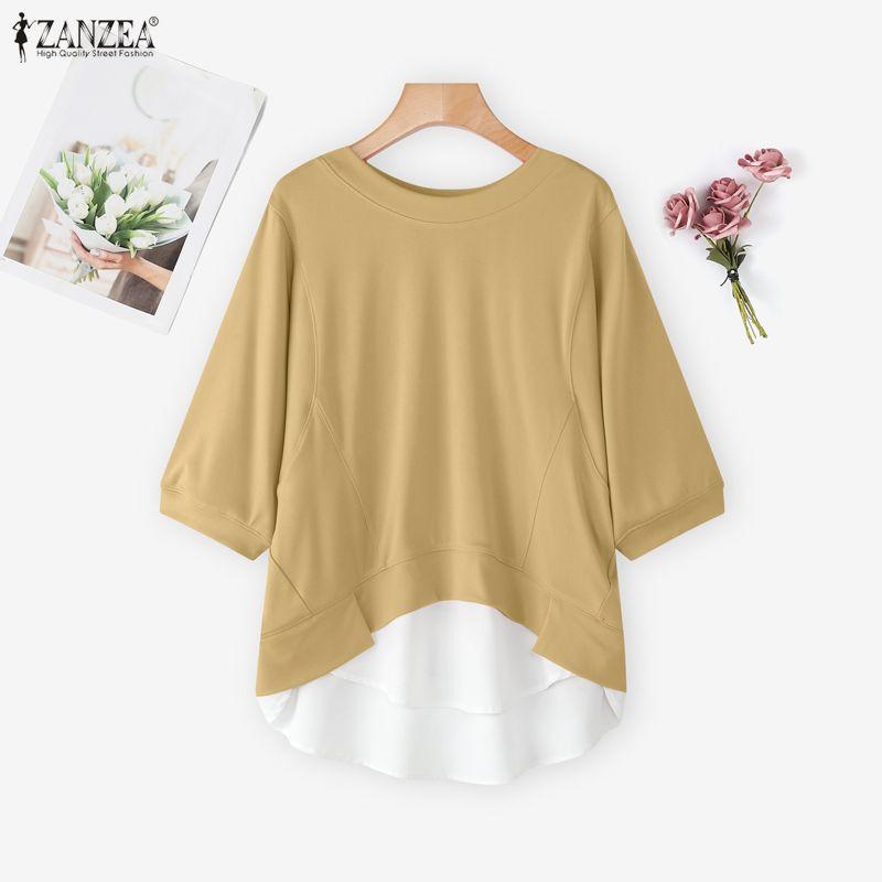 ZANZEA Women Casual Round Neck Loose Short Sleeve Patchwork Blouse