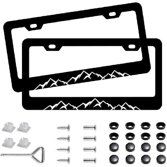 2Pcs Retro Sunshine Aluminum Alloy License Plate Holder License Plate Frames With Screw Cap Mountains