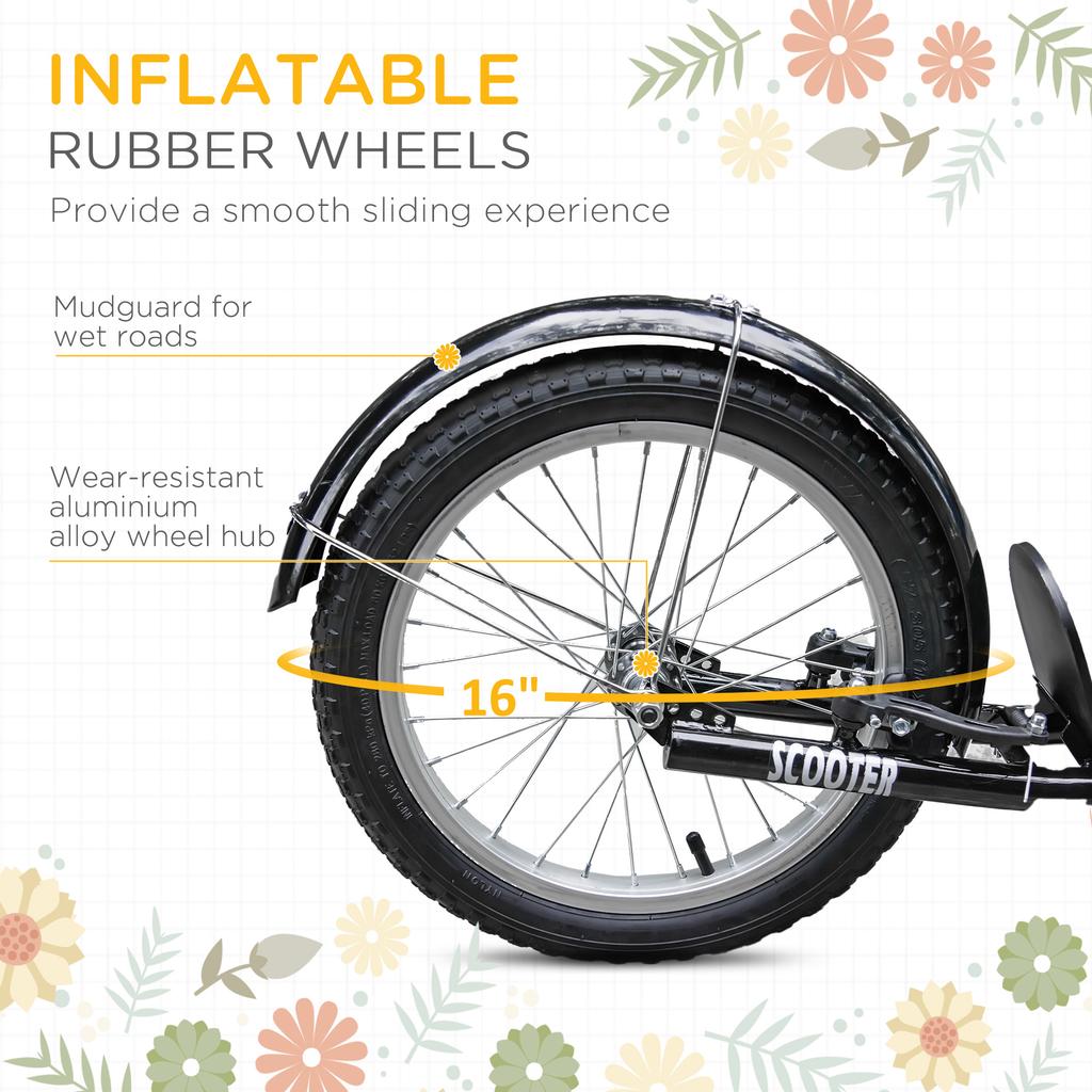 Kids Scooter, Kick Stunt Scooter with Adjustable Handlebar, Dual Brakes, Basket, Cupholder, Mudguard, 16" Inflatable Rubber Wheels, for 5-12 years