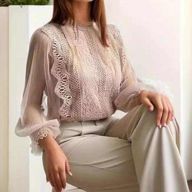 New Elegant Mesh Long Sleeve Lace Blouse Women Solid Color Round Neck Top Women's Loose Shirt Casual Sweet Office Spring Autumn Hollow Out Clothing