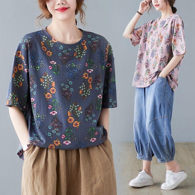 Damen Sommer Rundhals Kurzarm Blumenprint Lässig Locker Sitzendes T-Shirt Mehrfarbig