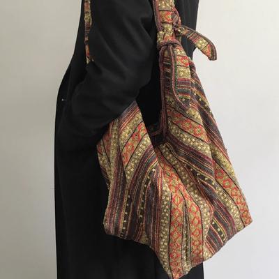 Ethnic Style Travel Retro Embroidered Double Strap Bag with Striped Large Capacity Canvas Bag, Versatile for Both Shoulders and Crossbody Bag