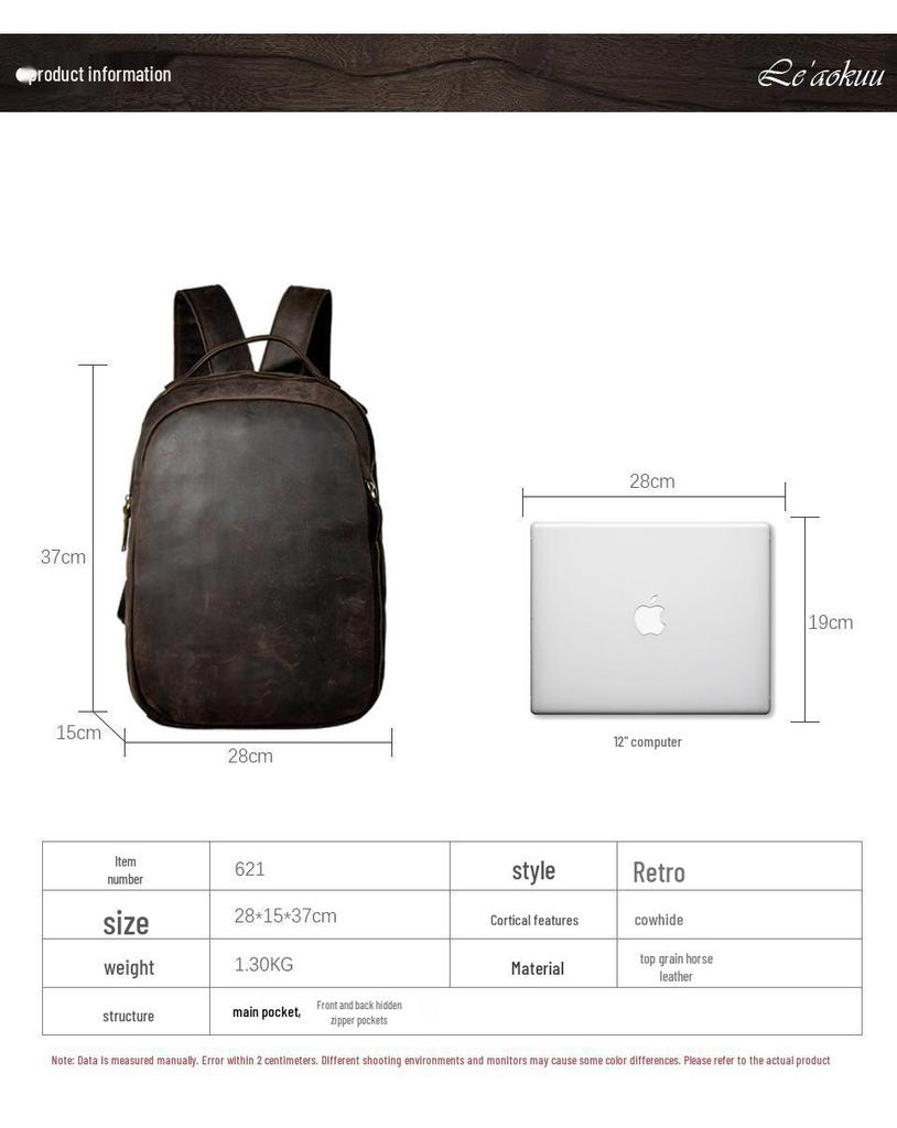 Crazy Horse Leather 14-Inch Retro Men's Backpack Laptop Bag
