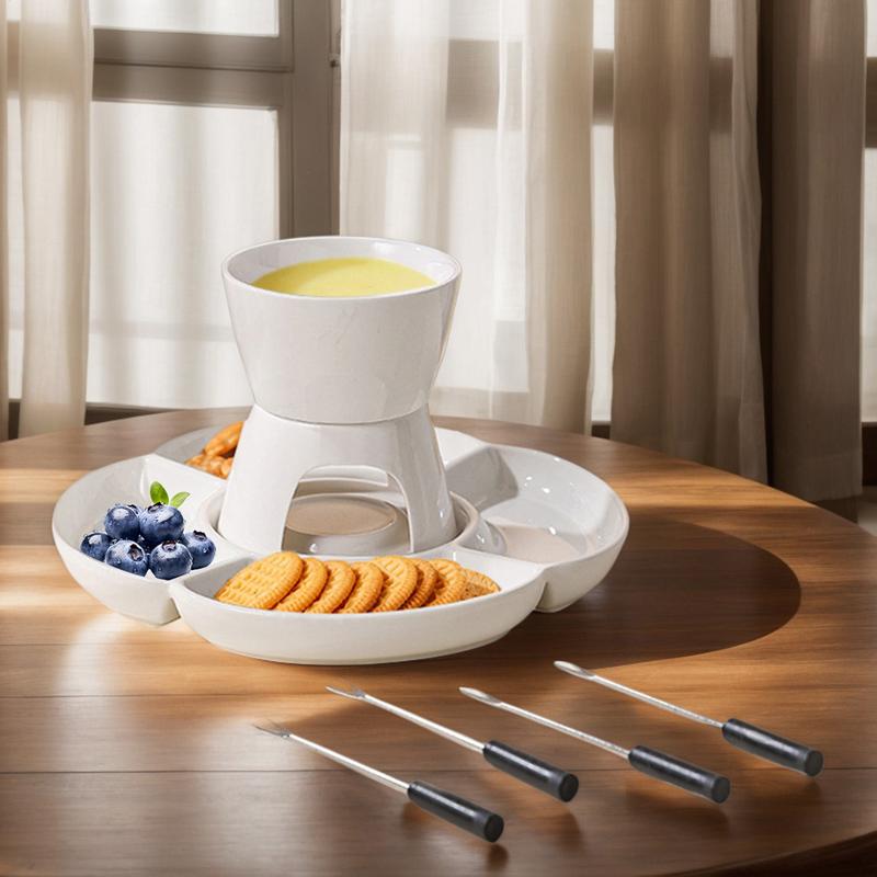 Ceramic Fondue Maker Set With Fork And Tray Candle Heating Melt Hot Pot Bowl Set For Cheese Chocolate Candy