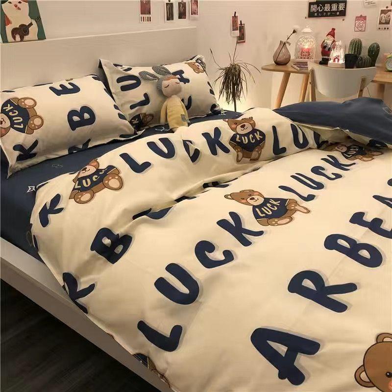 Washed Cotton Bed Four-piece Set Simple Bedding Quilt Cover Bed Sheet Dormitory Three-piece Set