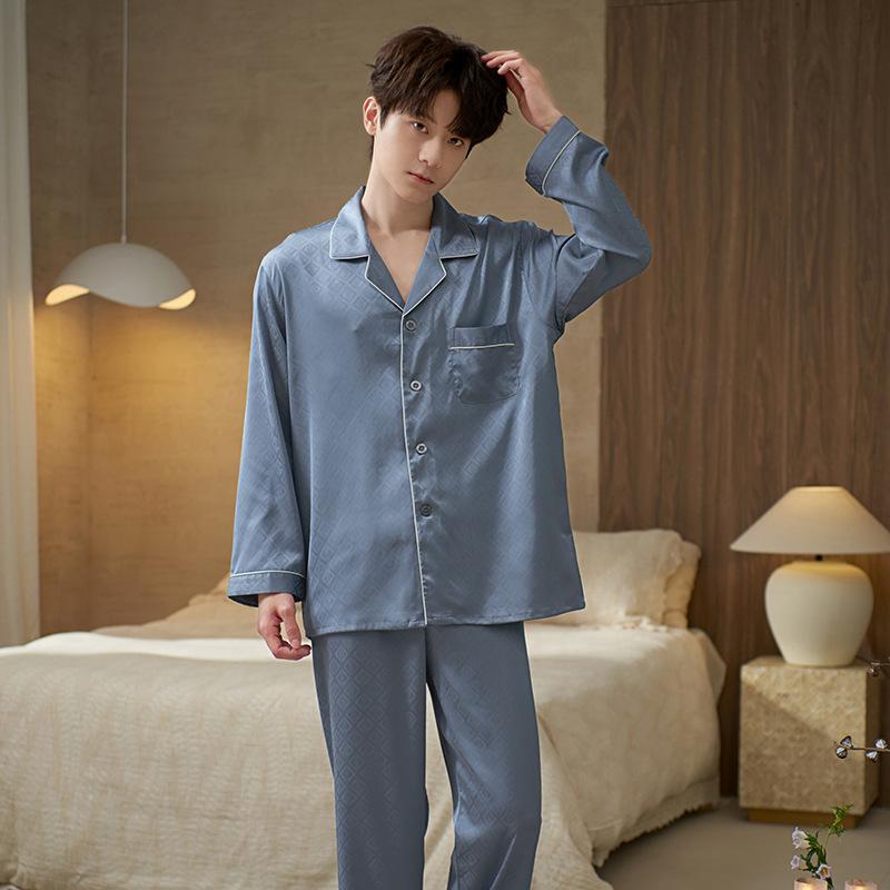 Pajamas men's spring and autumn ice silk long-sleeved men can wear high-end casual and comfortable silk loungewear suit large size