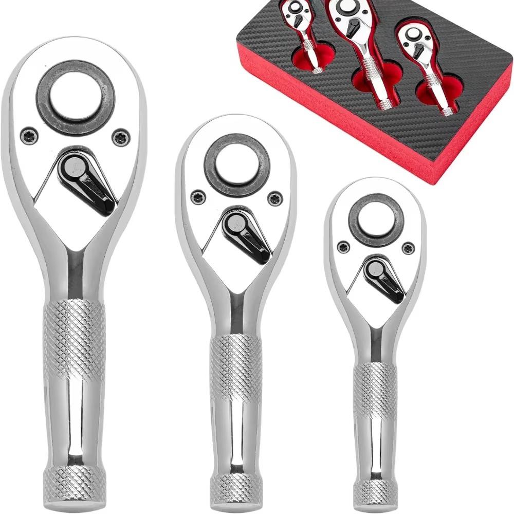 3-Piece Ratchet Set 1/4 3/8 1/2 Drive 72-Tooth Quick Release Reversible Durable Auto Tools