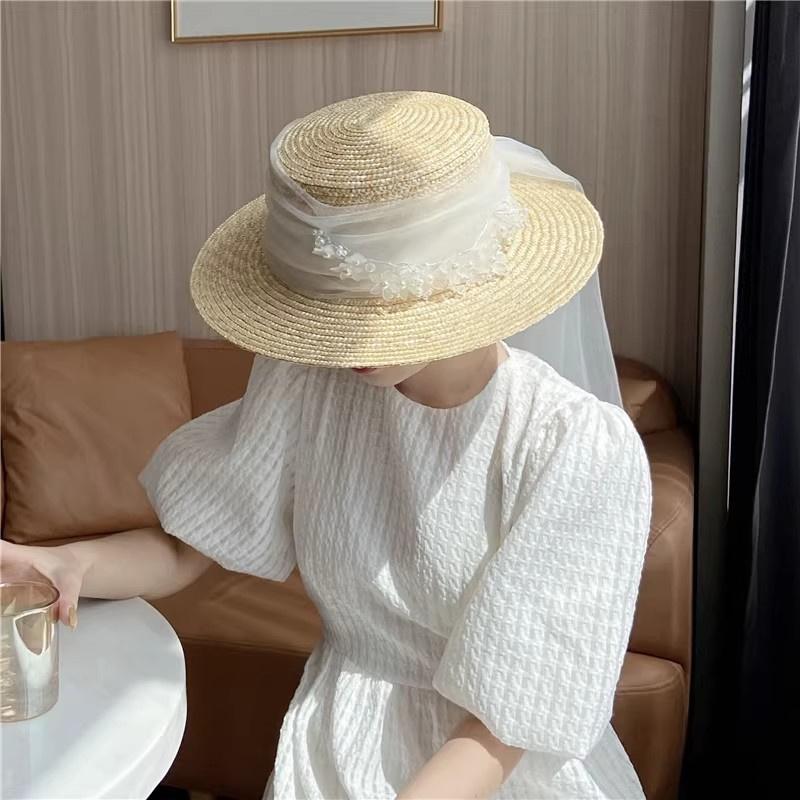 202601-shi Ins Chic Summer French Retro Bride White Bead Flower Natural Straw Lady Fedoras Cap Women Holiday Leisure Beach Hat