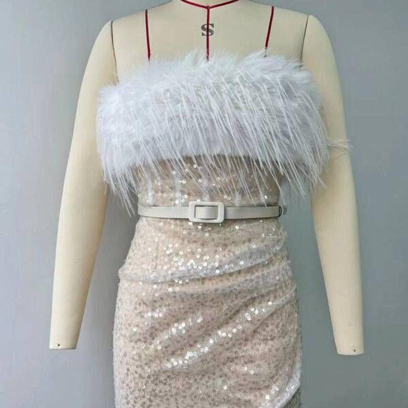 

New Foreign Trade Amazon Cross-Border Best-Selling Short Skirt, High-Waisted Sexy Sequin Dress, One-Shoulder Feather Gown White S