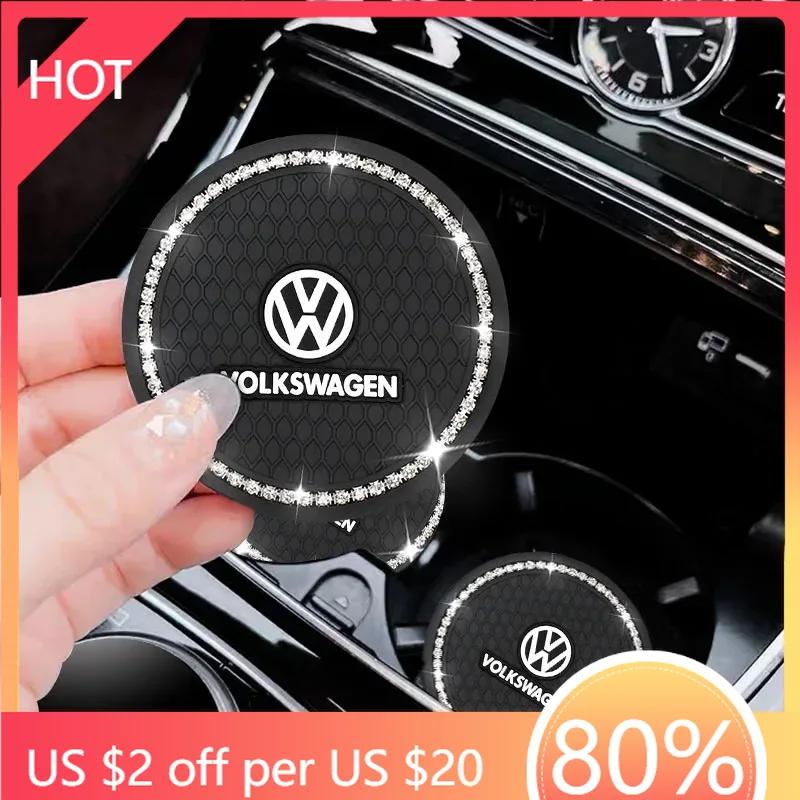 2025 Hot 1/2Pcs Diamond Car Coaster Water Cup Holder Pad Anti-slip Mat For Volkswagen GTI R-Line R Polo Golf T5 Passat Magotan C