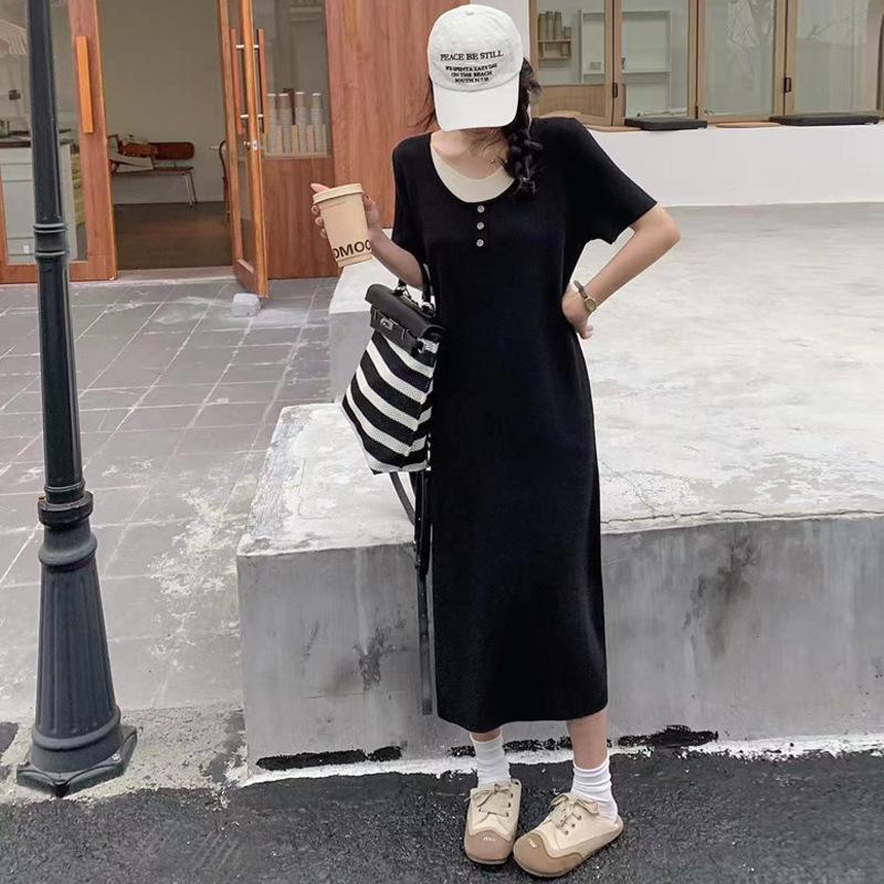 

Maternity Dress - Summer 2026: Stylish Striped Patchwork, Short Sleeve, Loose Fit, Versatile Long Dress X-Large