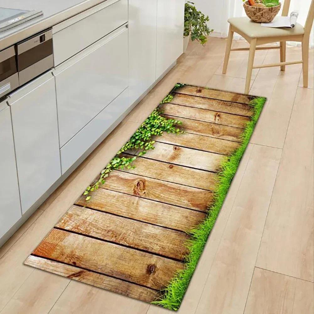 Wood Pattern Anti-Slip Kitchen Mat Absorbent Floor Rug for Bedroom Living Room Hallway Balcony Entrance Doormat