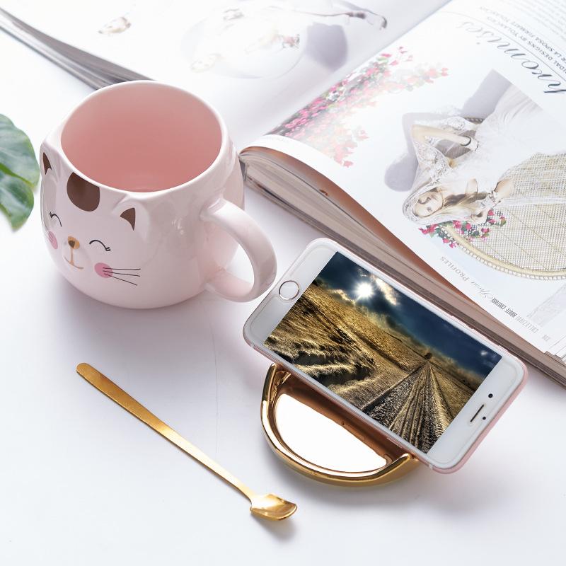 Ceașă de cafea cu capac și lingură, 500ML, cu coroană de animale din desene animate, ceașcă din ceramică pentru cuplu, cană din ceramică, ustensile de băut pentru acasă.