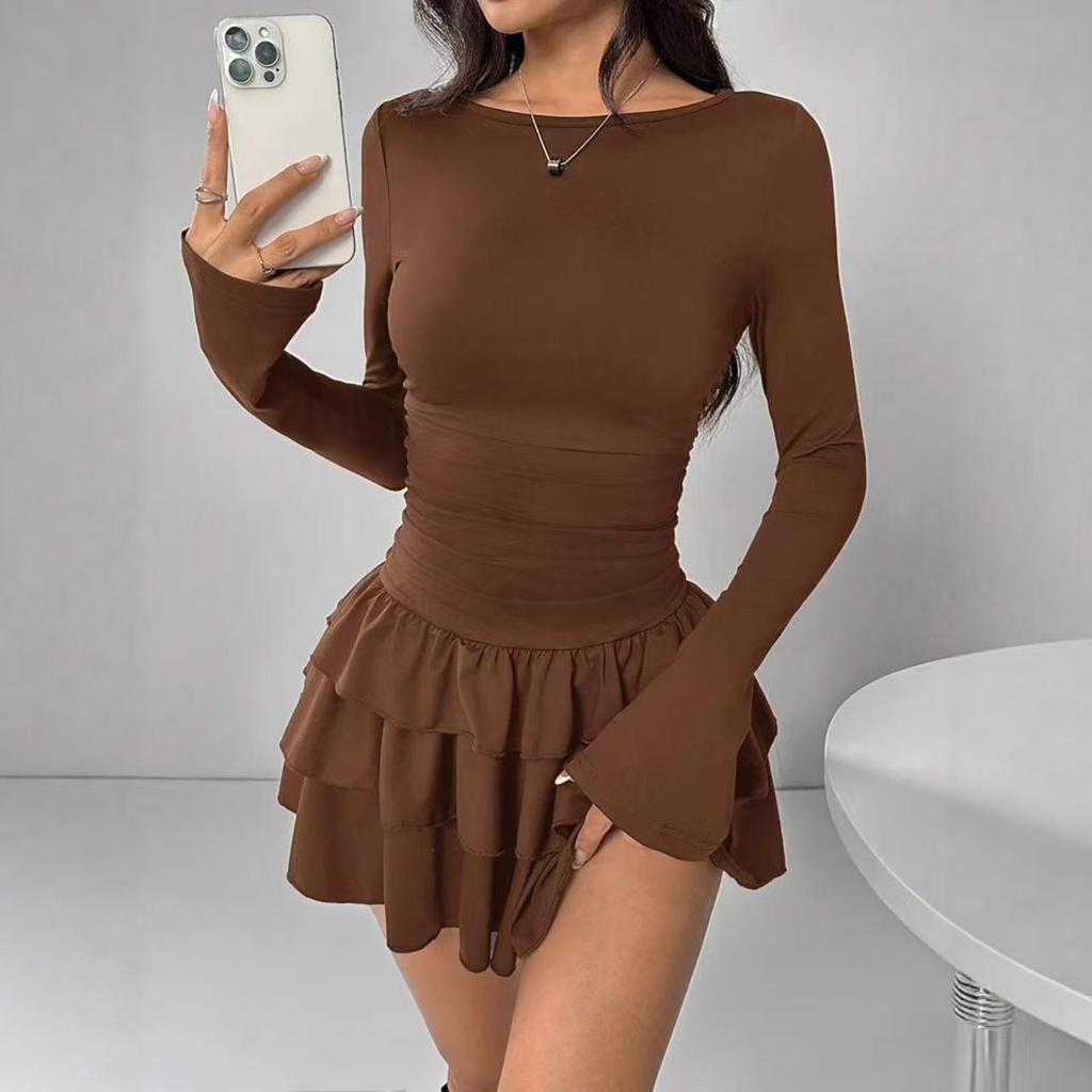 Europäisches und Amerikanisches Damen Herbst- und Winter Elegantes Schlankmachendes Langarmkleid