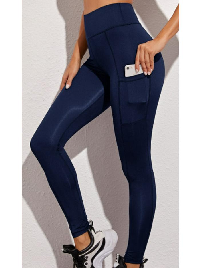 

Европейские и американские леггинсы для йоги и бега, боковой карман для телефона, спортивные фитнес-брюки длиной 9/10 Medium темно-синий