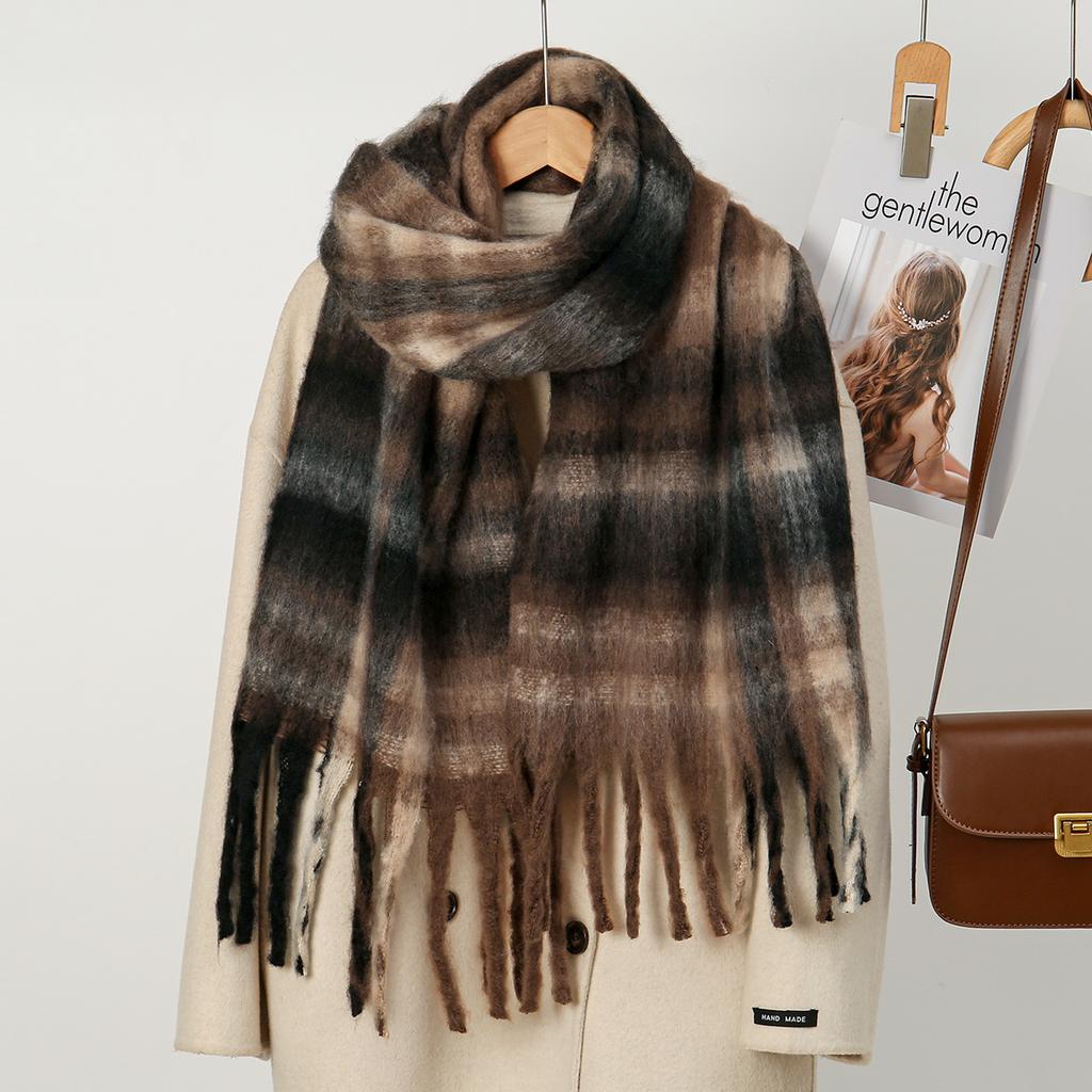 Korean Fringe Plaid Cashmere Scarf Shawl Women Warm Thick Mohair Scarf Pashmina Fashionable Soft Tassel Scarf Neck Protection