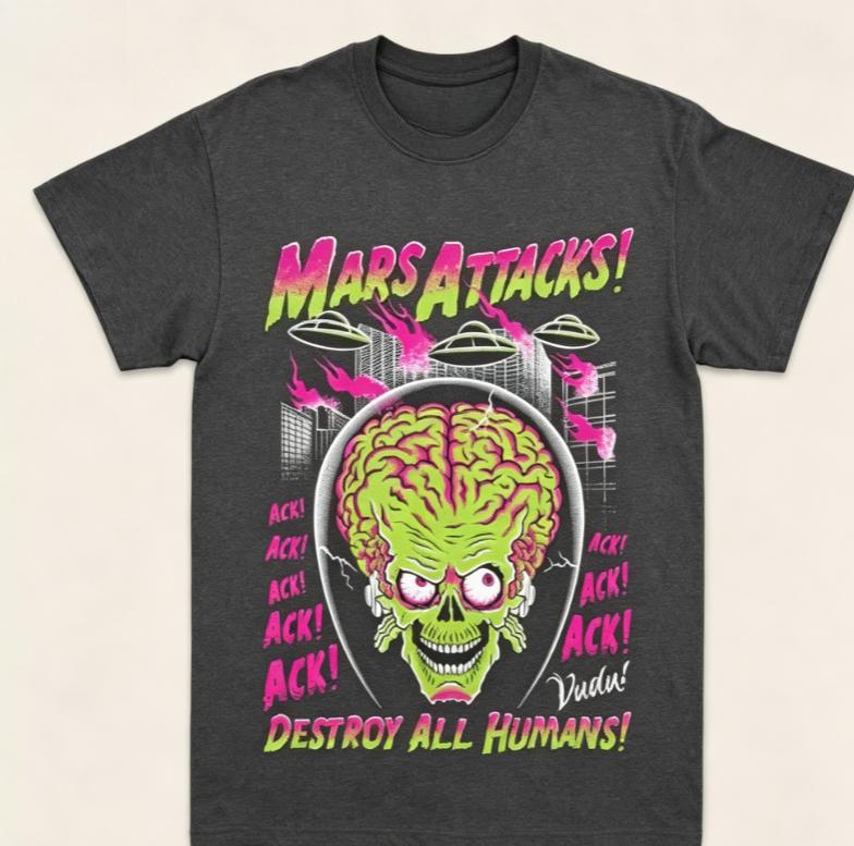 Black Crew Neck Tshirt Vintage Retro SciFi Horror Graphic Alien Invader UFO City Scene Unisex Cotton Short Sleeve Tee