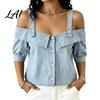 Camicetta da Donna con Pannelli Camicia di Jeans Scollatura a Spalle Scoperte Collo a Revers Manica Corta Top Essenziale per l'Armadio Top Vestibilità Morbida per Lavoro Casual Festa Vacanza