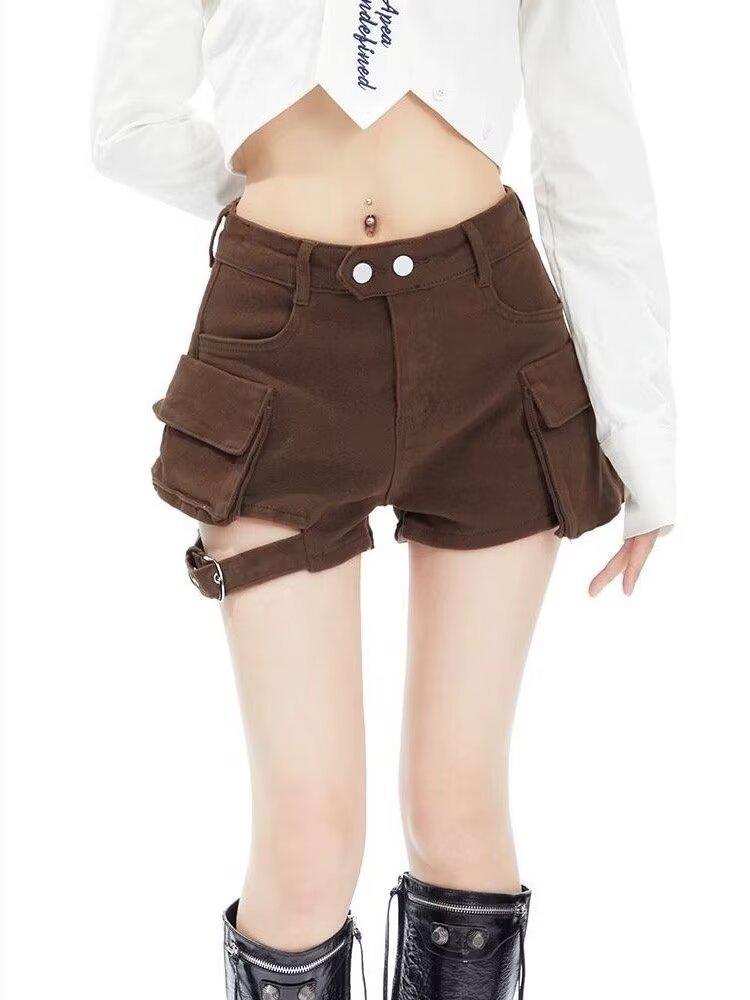 

Retro High-Waisted Women s Cargo Denim Shorts - Petite Wide-Leg A-Line with Big Pockets, Trendy Summer Style Large коричневий