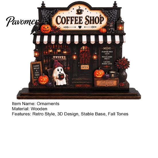 Wooden Coffee Shop Sign Halloween Bar Sign, Fall Harvest Tabletop Decor Plaque with Pumpkin And Ghost Home Cat, Retro Ornament for Kitchen Counter