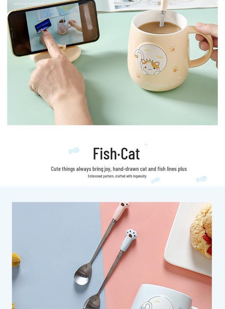 Cartoon Cat Ceramic Mug with Lid and Spoon - Trendy Office Coffee Cup