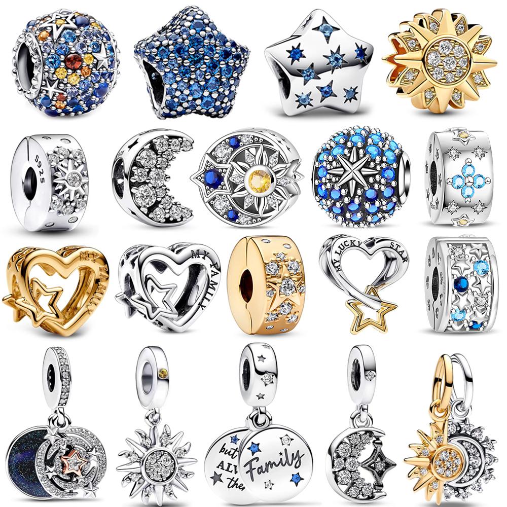 Sparkling Copper Starry Blue Beads & Moon Dangle Charm Fit Original Bracelet Diy Cultural Jewelry Gift