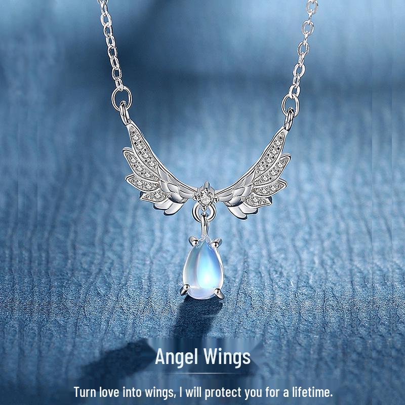 Silver-Plated Moonstone Angel Wings Necklace for Women - Elegant Gift for Girlfriend (2026 New Style)
