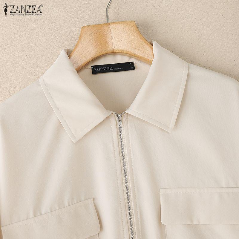 ZANZEA Women Turn Down Collar Loose Casual Long Sleeve Zipper Blouse