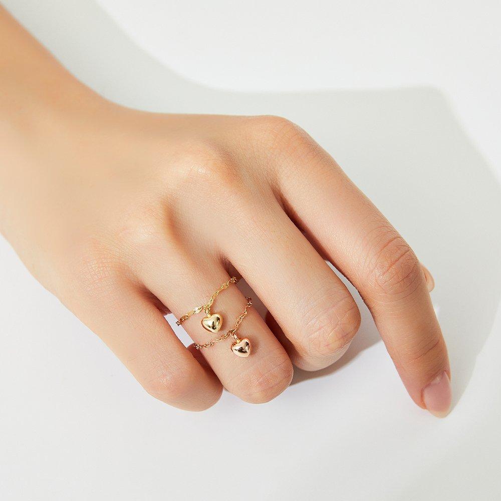 18K Almond Star Heart Ring with Chain Gold