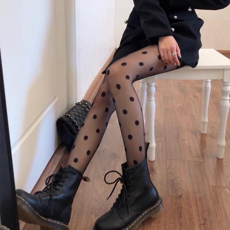 Spring and Summer Thin Polka Dot Jk Black Silk Leg Beauty Socks Trendy Women's Jacquard Cut-through Pantyhose