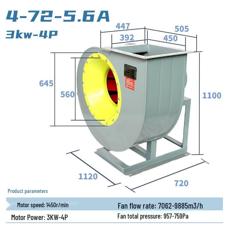 4-72 Industrial High-Power Centrifugal Fan for Exhaust, Dust Removal, and Smoke Extraction.