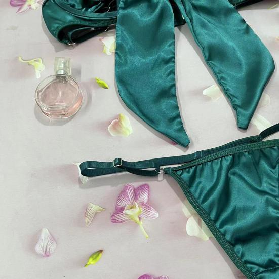 1 Set Women Bra Panties Thigh Ring Set Bow-knot Decor Sleeveless Backless Low-cut Pornographic Romantic Night