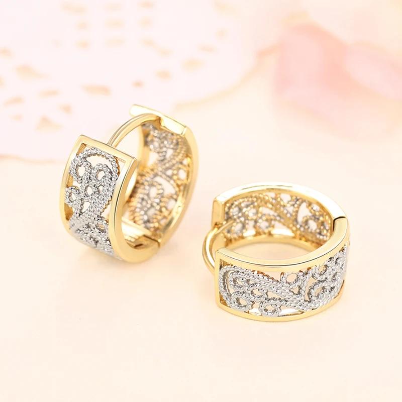 Huitan Noble Exquisite Hoop Earrings Two-tone Hollow Pattern Versatile Daily Party Zircon Women Elegant Engagement Accessories