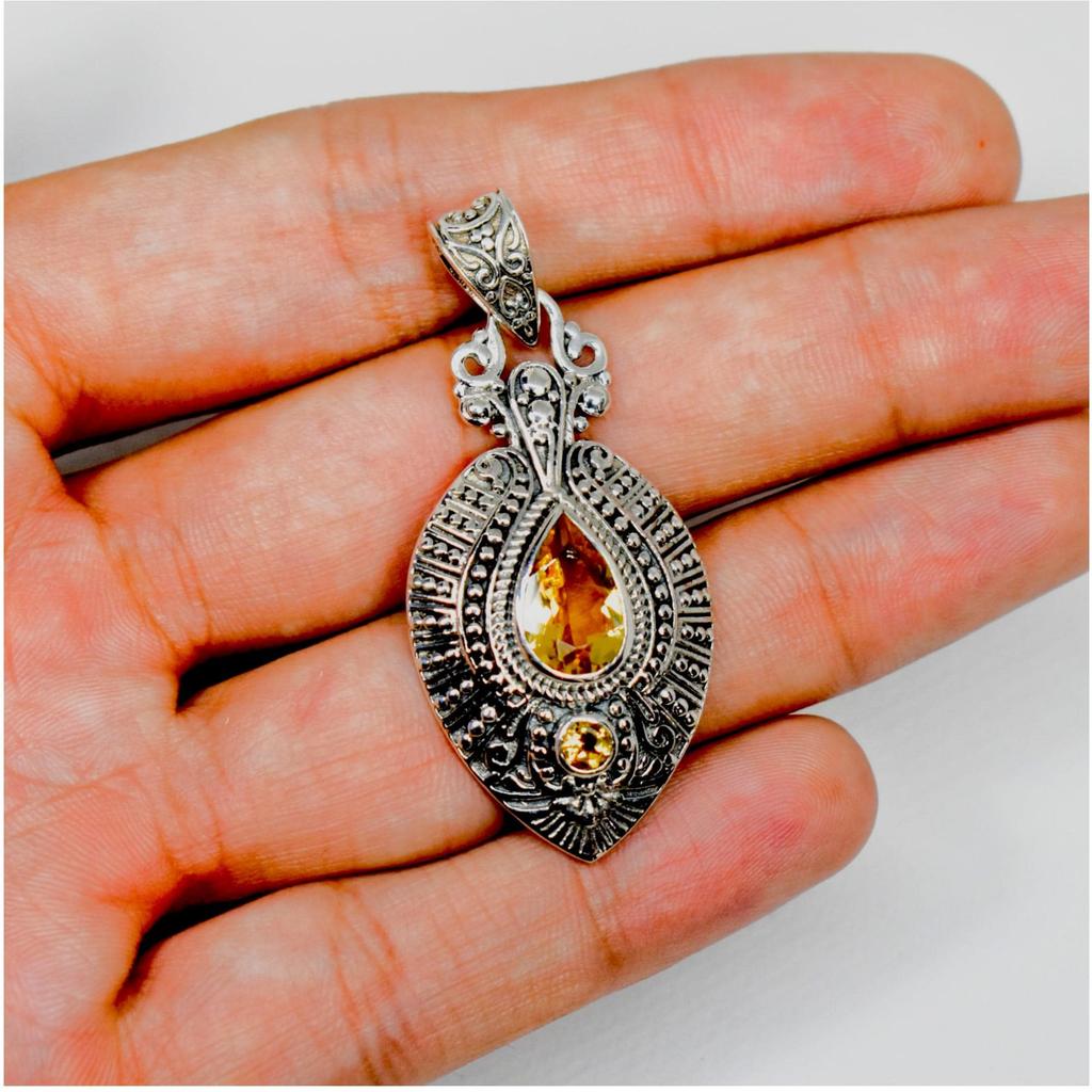 Oxidized Sterling Silver Citrine Pendant - Women's Gemstone Jewelry