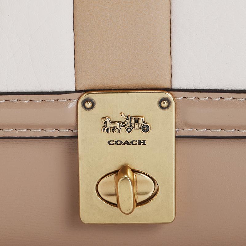 Coach Hutton Quilted Stripe Color Block Cowhide Leather Chain Bag Clutch Women's Milk Tea Color