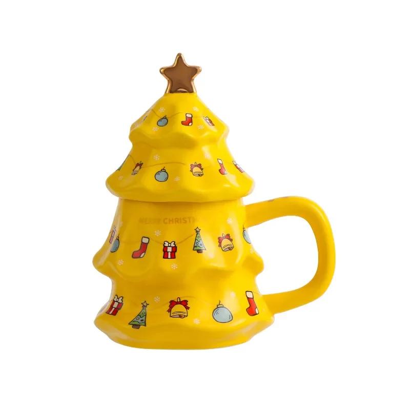 

Christmas Tree Ceramic Cup with Lid Large Capacity Couple Water Cup Coffee Cups Afternoon Tea Cups Milk Mugs Christmas Gifts 450ml жовтий