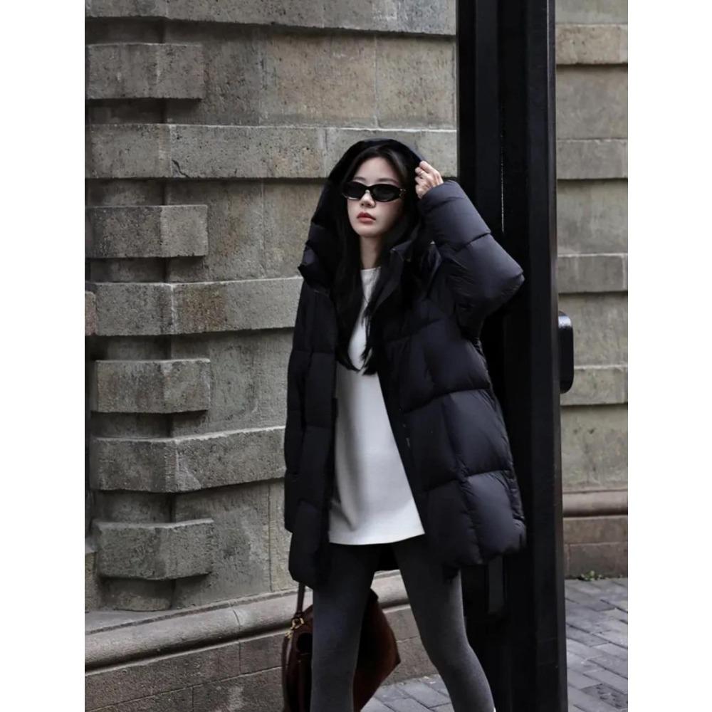

Облачный пуховик средней длины и длинный, хлопковый, для женской зимы, новый, свободный и утолщенный, теплый, с капюшоном, хлопковый пуховик, тренд XL чёрный