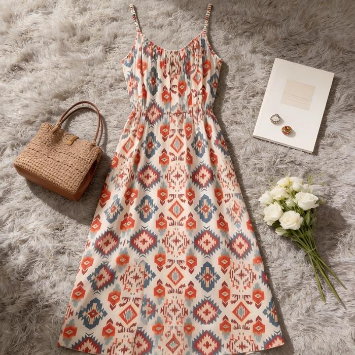 French print suspender dress women's summer loose design sense niche retro high sense light luxury fairy skirt