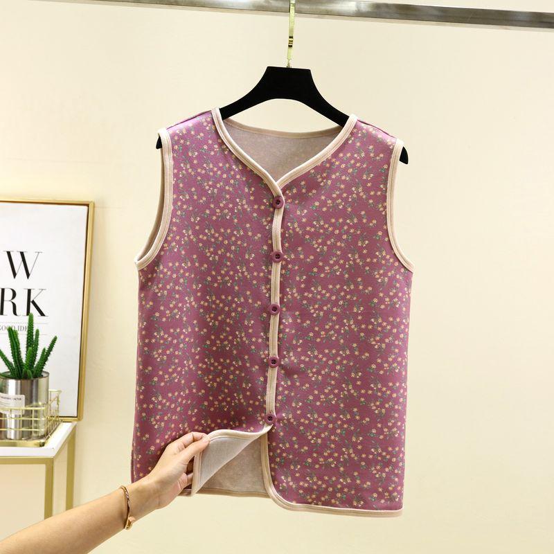 and Winter Dralon Floral Vest Women Double-sided Fleece Lined Sanded Placket Waistcoat Plus size Middle-Aged and Elderly Outdoor Cold-Proof Vest