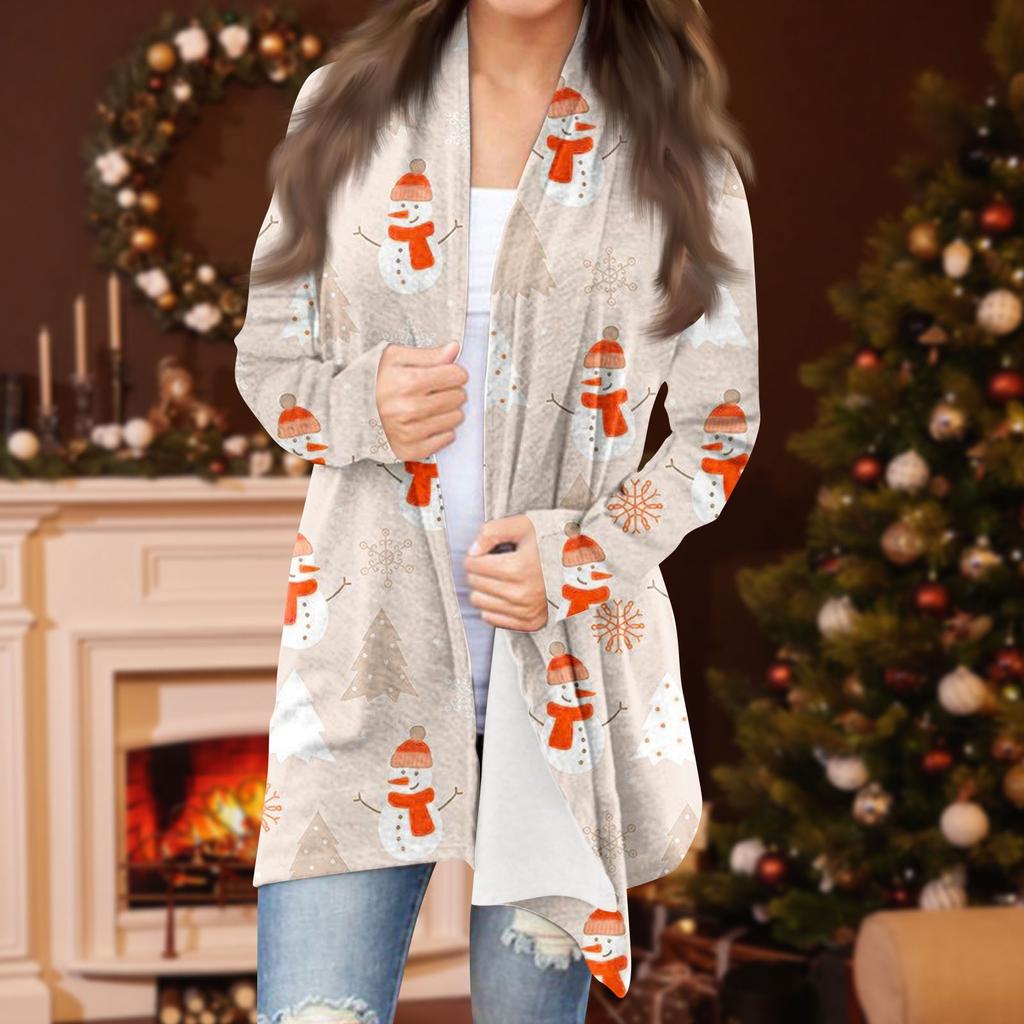 Dámská módní ležérní vánoční bunda se středně dlouhým kardiganem s potiskem