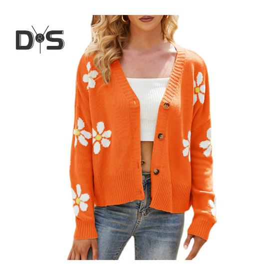 

Женское вязаное пальто с цветочным узором, свитер, кардиган с V-образным вырезом, длинным рукавом, планкой на пуговицах, трикотажная куртка L оранжевый