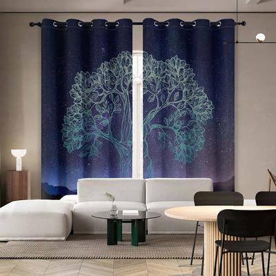 2 stuks zeer verduisterende geperforeerde gordijnen, dubbelzijdig mat, slaapkamer, balkon, woonkamer, gradiënt blauwe sterrenhemel, boommotief