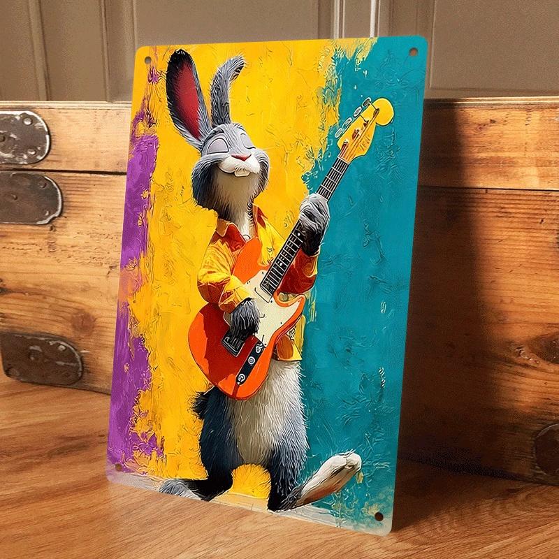 

1 piece of colorful rabbit playing guitar metal wall hanging plaque, creative cartoon animal music-themed tin painting for livin (as the picture,20x30cm)