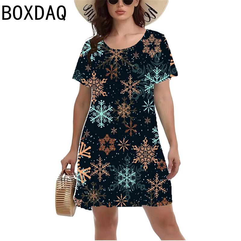 Lady's New Christmas-themed 3D Printed Deer Pattern Short-sleeved Summer Dress, Short-sleeved Round-neck Casual Style Dress