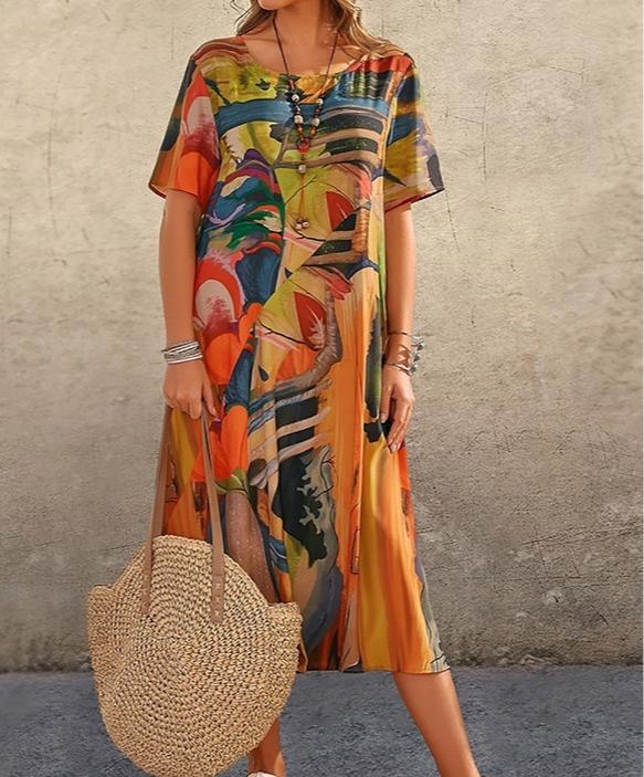 

Летнее женское платье с круглым вырезом и коротким рукавом, свободное, повседневное, с принтом, праздничные, винтажные женские платья для женщин XXXXL