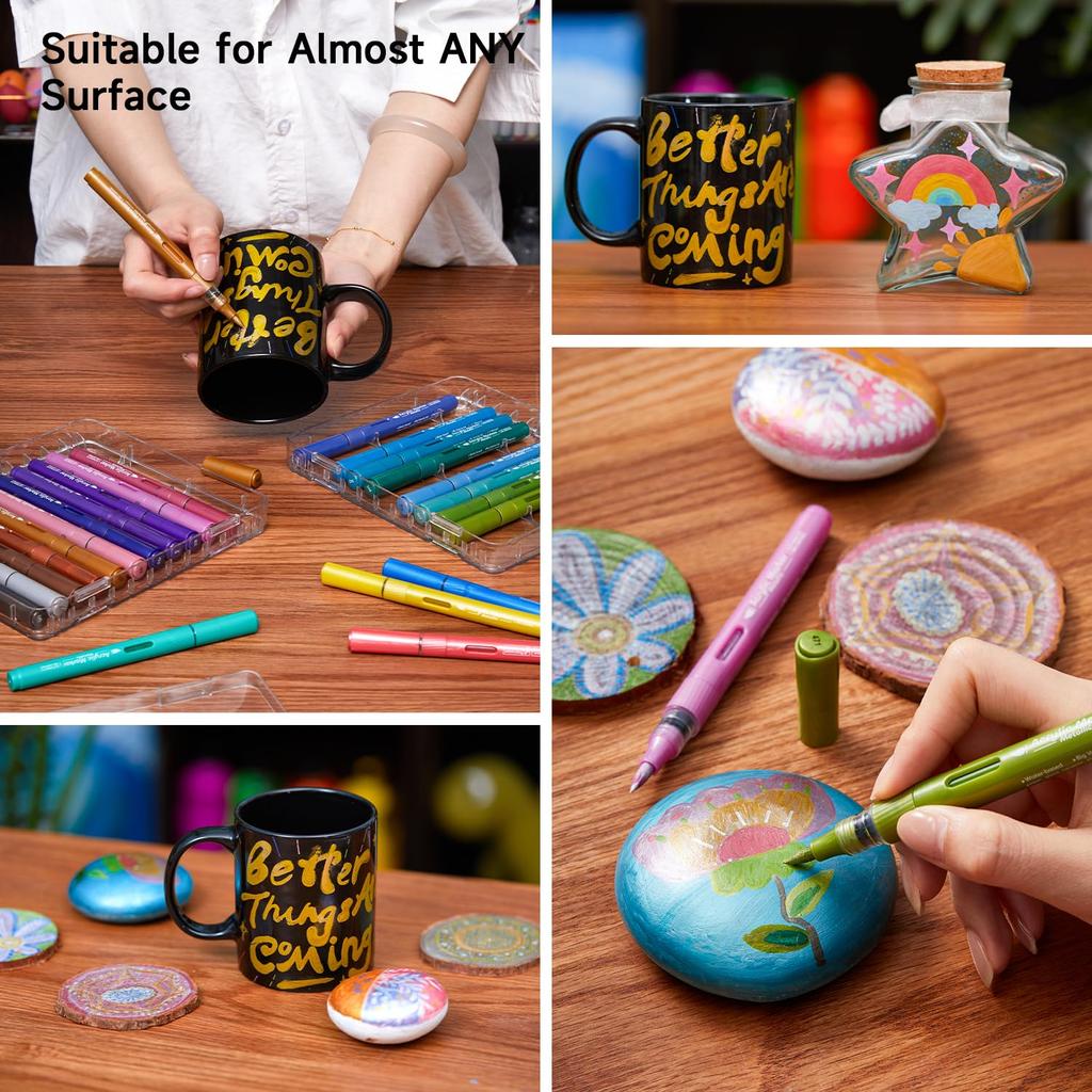 Shuttle Art Acrylic Metallic Color Pens with Brush Paint and Perfect for and Includes Storage Perfect for DIY and Art A Great Markers, 24-Color Set,