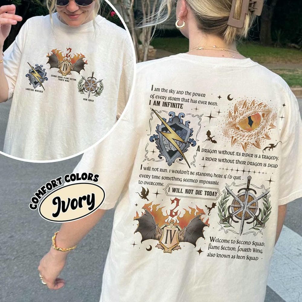 Fourth Wing Iron Squad Two Sided Onyx Storm Brave The Dark Fourth Wing Badges Bookish Shirt Unisex Tee Fantasy Apparel Y2K Top