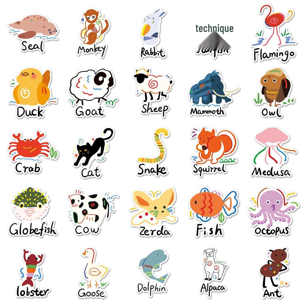 50 Cute Hand-Drawn Animal Cartoon Stickers for Skateboards, Luggage, and Water Bottles
