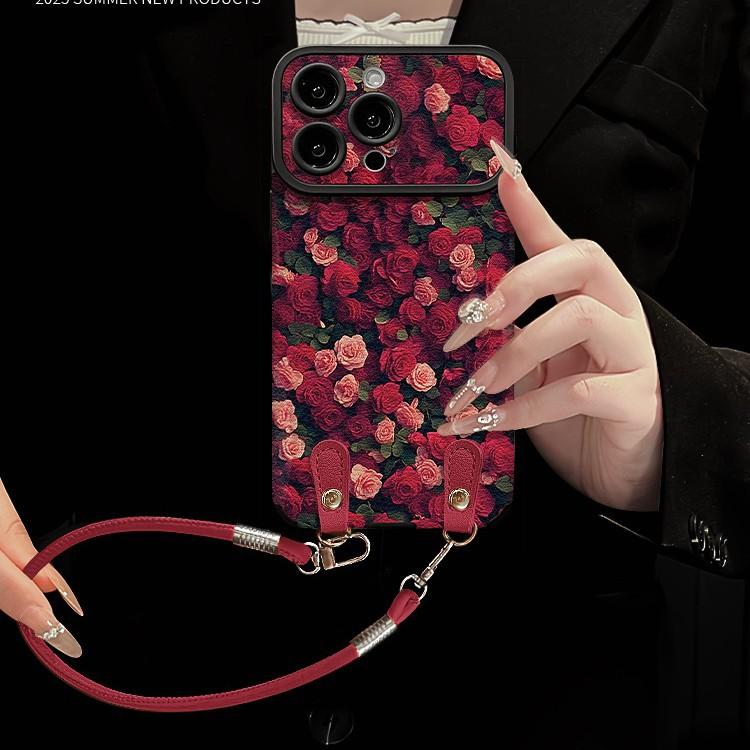 Full screen rose lanyard suitable for Apple 16 mobile phone case iphone14pro large window sheepskin 15 soft silicone