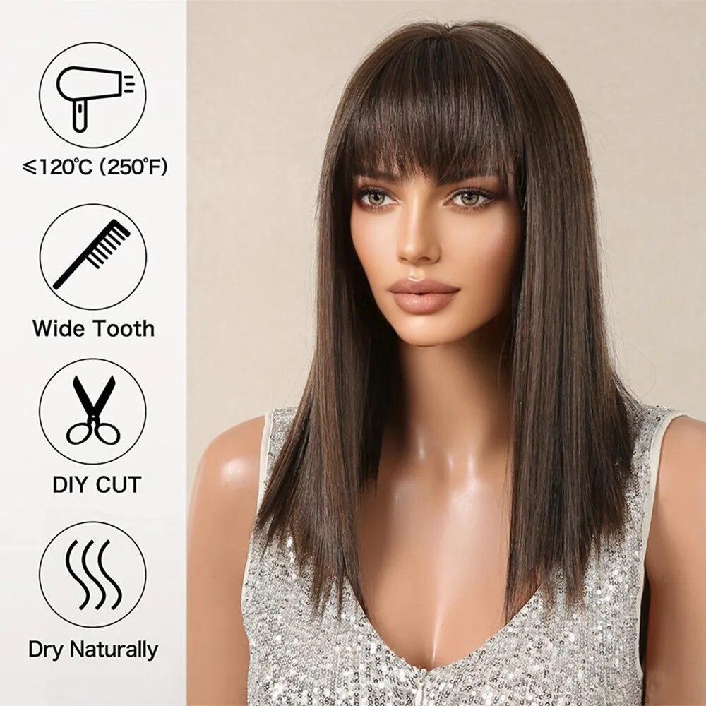 Peruci sintetice drepte maro închis de lungime medie cu breton pentru femei Perucă netedă cu aspect natural din fibră rezistentă la căldură